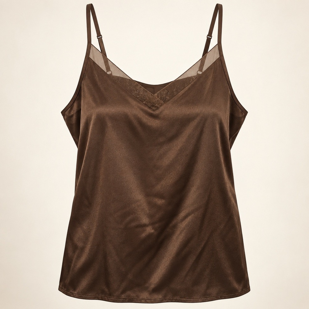 Avidlove XXL Brown Satin Mesh Inset Camisole Minimalist Romantic NWT